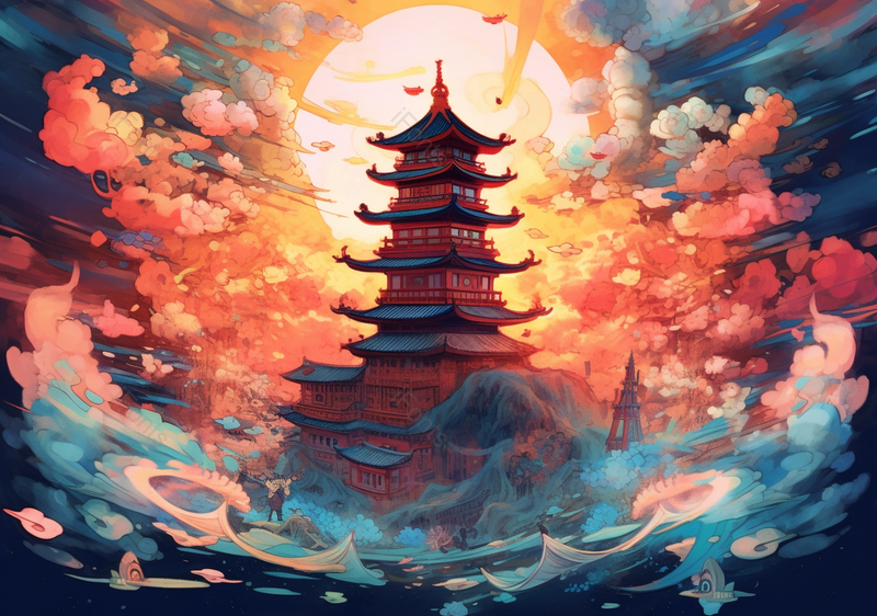湖中岛屿上古建筑塔阁楼国潮节日背景插画,插画/手绘图,插画/手绘图库,插画/手绘图下载,插画/手绘